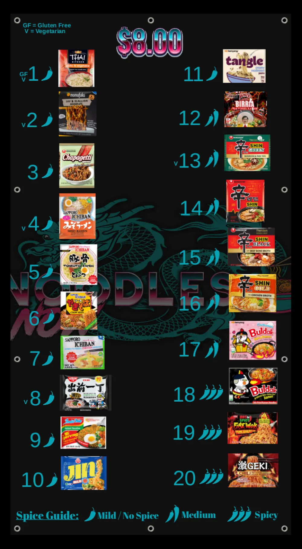 The Noodles Now menu board: numbered ramen flavors with spice levels